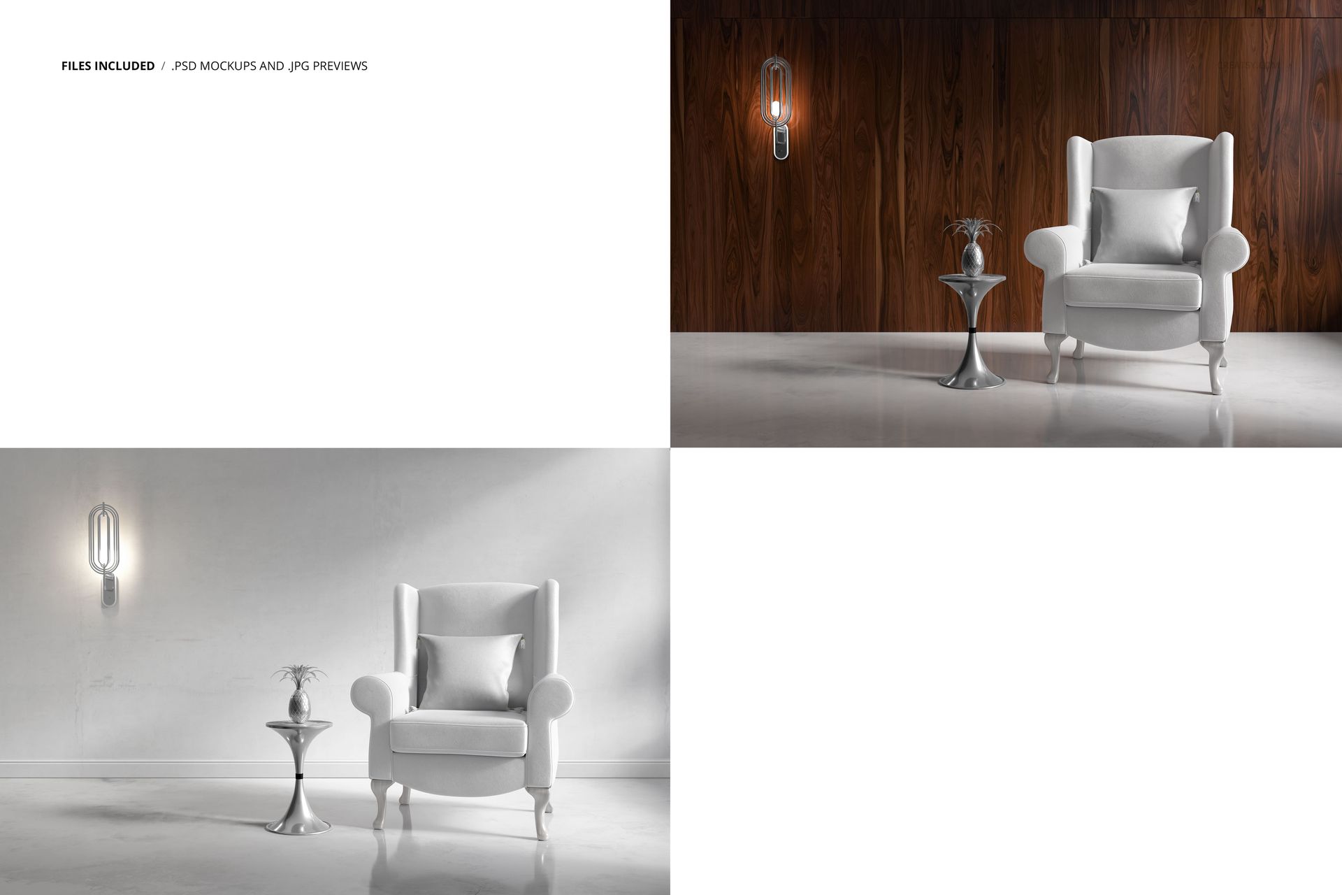 Retro velvet armchair mockup scene featuring a white armchair with pillow, side table, and wall lamp in two settings.