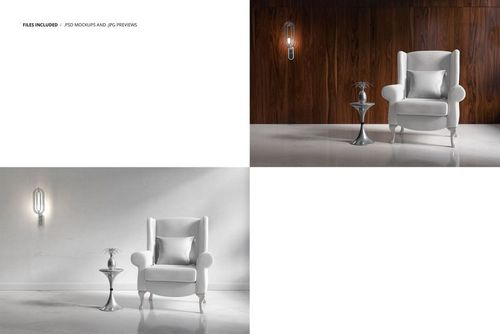 Retro velvet armchair mockup scene featuring a white armchair with pillow, side table, and wall lamp in two settings.