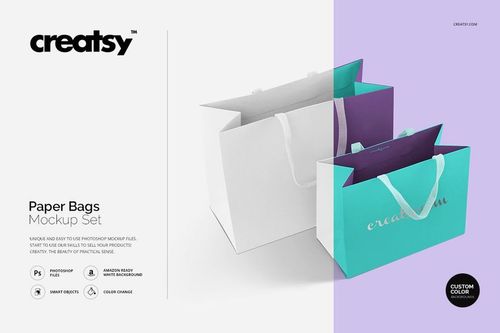 Mockup of two paper bags with handles, featuring white and turquoise exteriors and purple inside, placed side by side.