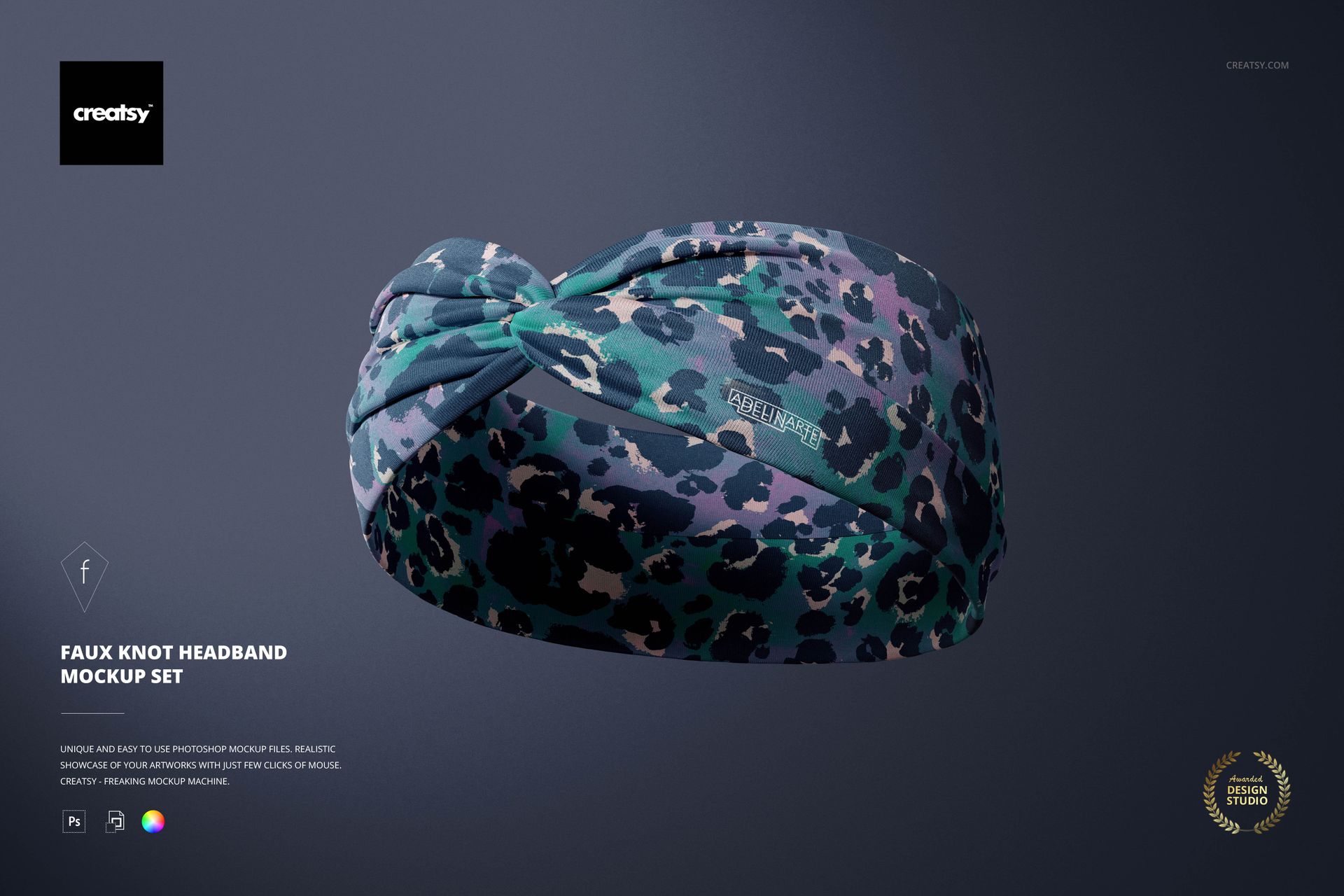 PSD mockup of a faux knot headband in close-up, displaying a multicolor animal print fabric against a dark backdrop.