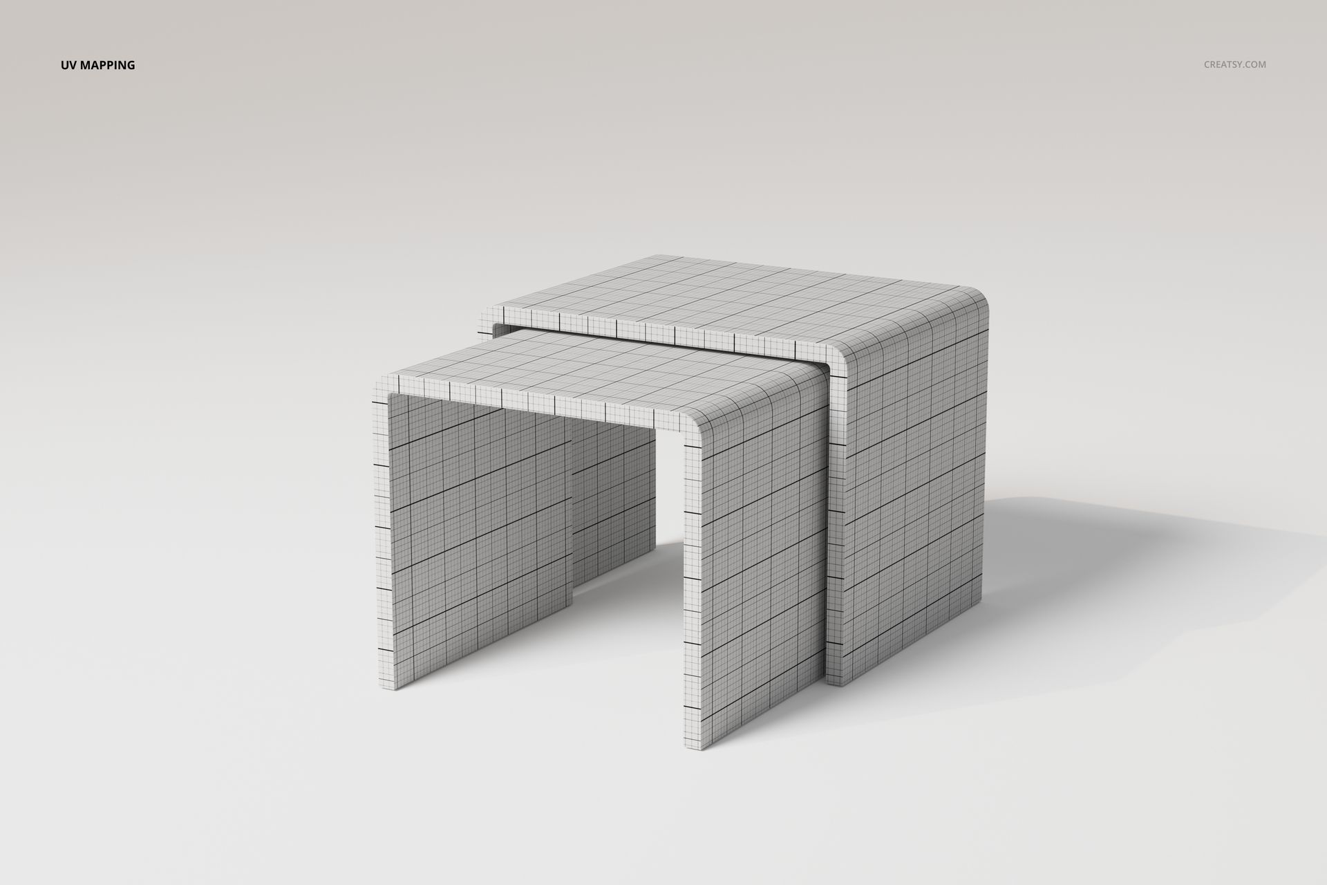 Front view of two square nesting tables with a grid texture, shown on a plain light background in a 3D render.