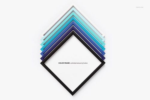 PSD mockup set showing layered deep picture frames in blue and black colors, arranged diagonally, overhead perspective.