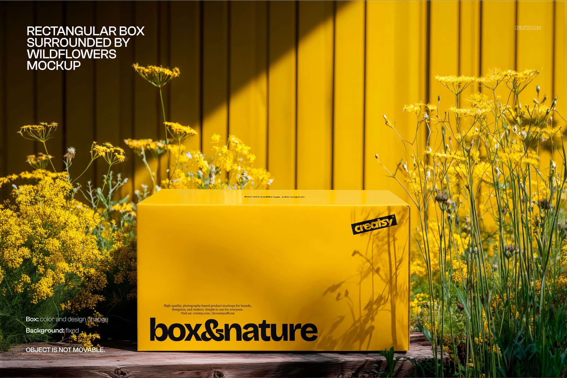 Rectangular yellow box mockup placed among wildflowers, front view with a matching yellow background.