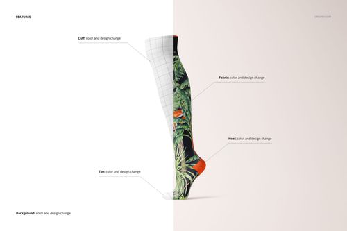 Knee high sock mockup shown in side view, half with tropical leaf pattern and half with grid overlay for design editing.