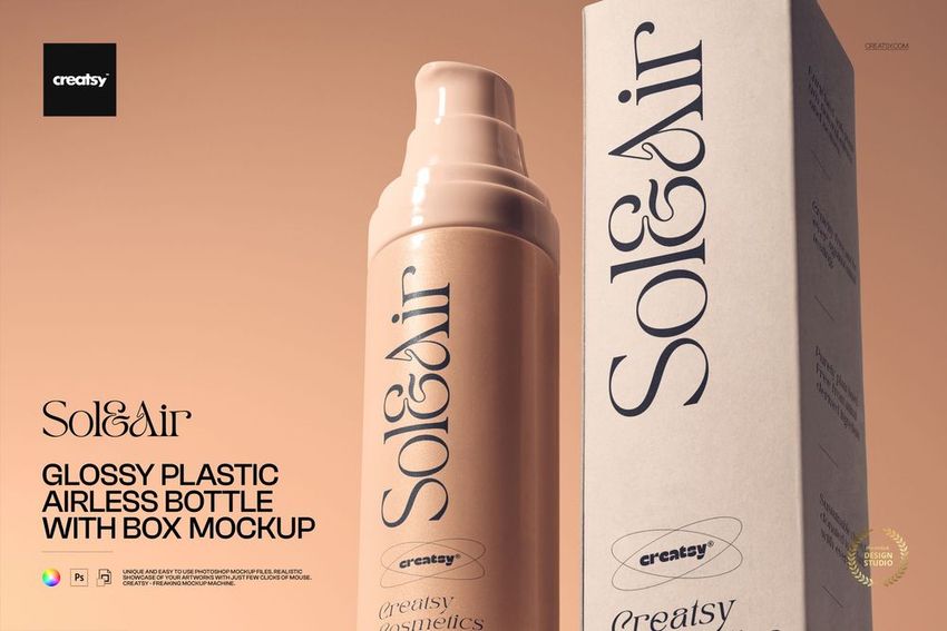Glossy airless cosmetic bottle and tall box mockup displayed side by side, featuring beige color and large lettering.