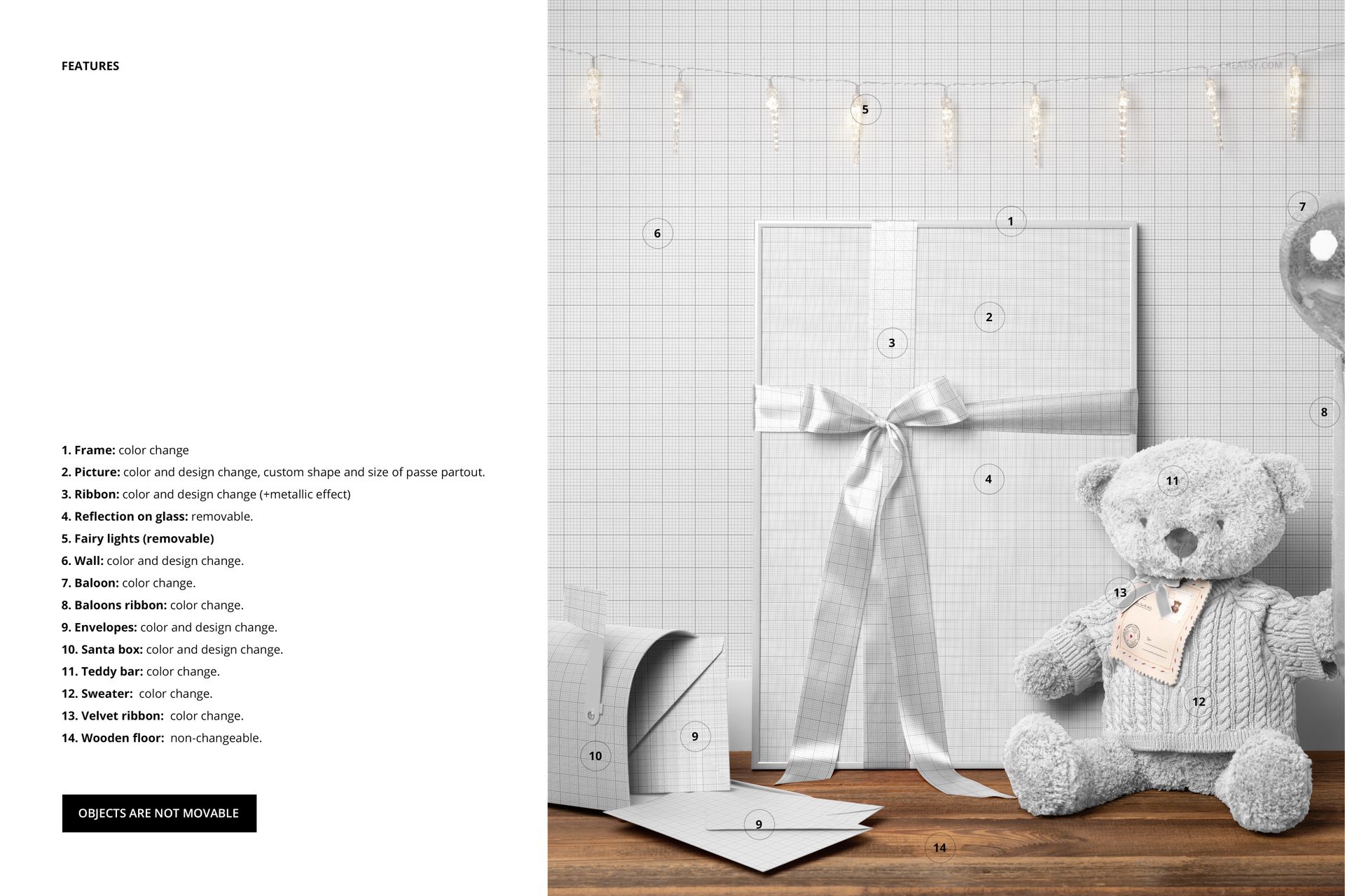 Front view of a Christmas-themed PSD mockup featuring a picture frame, wrapped gift box, and plush teddy bear on a wooden surface.