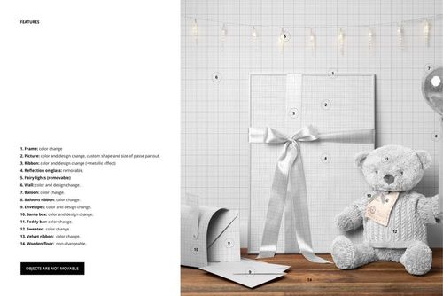 Front view of a Christmas-themed PSD mockup featuring a picture frame, wrapped gift box, and plush teddy bear on a wooden surface.