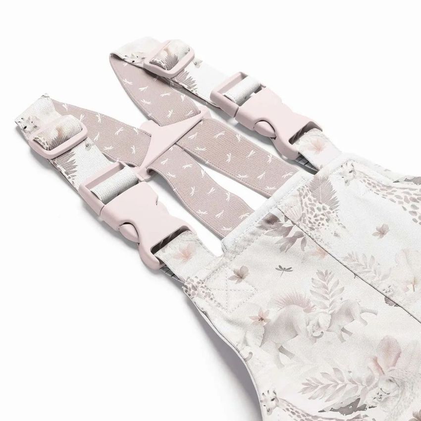 Kids rainwear mockup featuring adjustable straps with soft pink buckles and a jungle-themed pattern on white fabric.