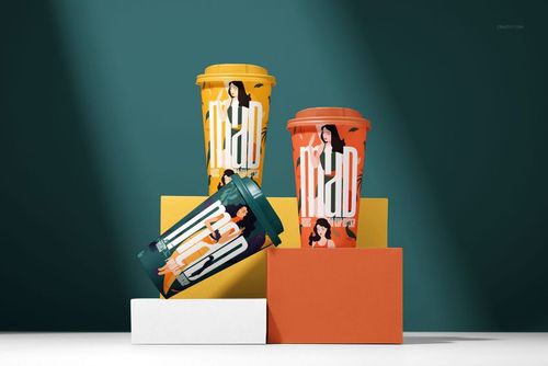 Paper cup mockup set with orange and green lids, modern patterns, and straws arranged on white and orange blocks.