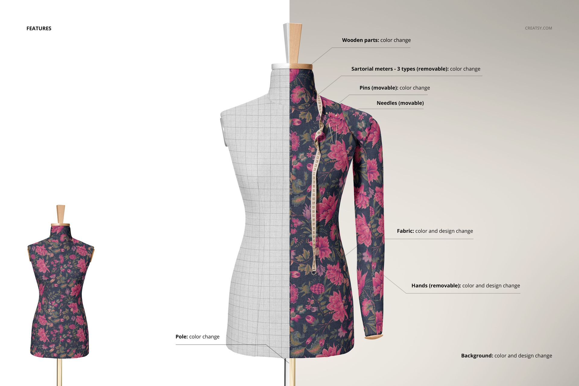 Front view of a dressmaker’s mannequin mockup with half covered in floral fabric and half in grid pattern, on a neutral background.