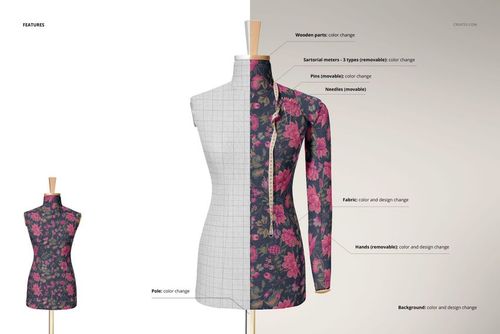Front view of a dressmaker’s mannequin mockup with half covered in floral fabric and half in grid pattern, on a neutral background.