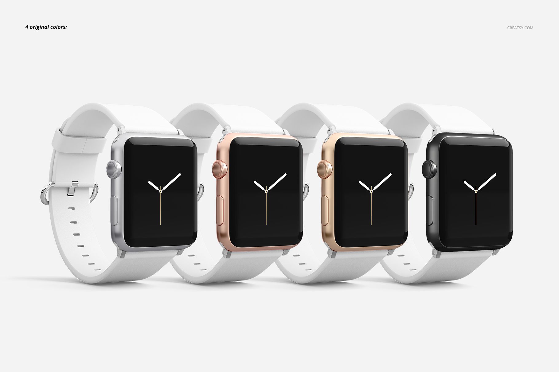 Set of four Apple Watch mockups featuring white leather straps and different metallic cases, arranged in a row.