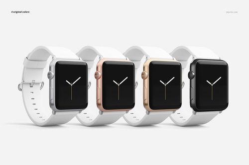 Set of four Apple Watch mockups featuring white leather straps and different metallic cases, arranged in a row.