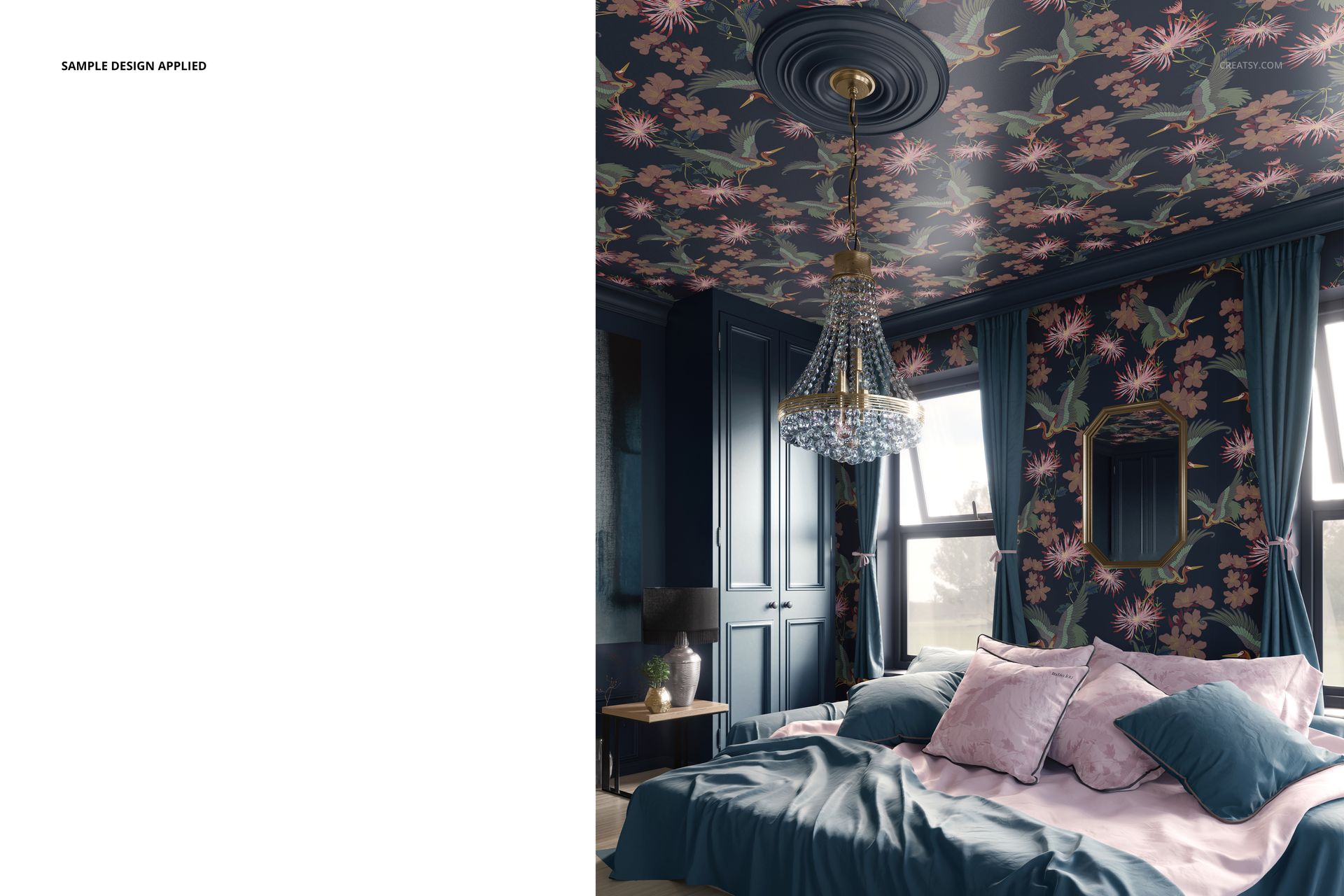 PSD mockup of a stylish bedroom with dark floral wallpaper, plush bedding, and ornate chandelier, viewed from the foot of the bed.