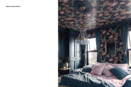 PSD mockup of a stylish bedroom with dark floral wallpaper, plush bedding, and ornate chandelier, viewed from the foot of the bed.