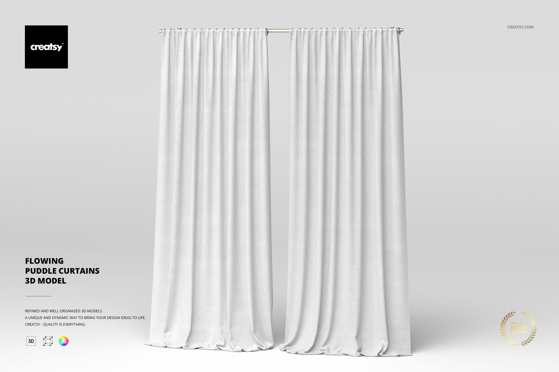 Front view of two white flowing puddle curtains hanging from a rod, displayed against a plain light background.