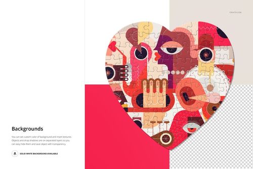 Heart-shaped jigsaw puzzle mockup featuring colorful abstract faces and geometric patterns, top view on split backgrounds.