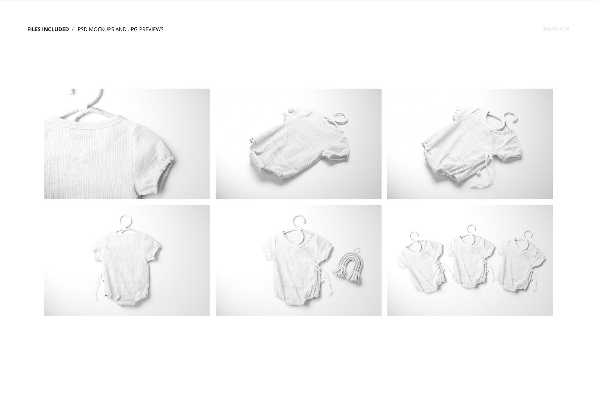 Set of six muslin onesie mockups in white, shown from various angles and arrangements on a light background.