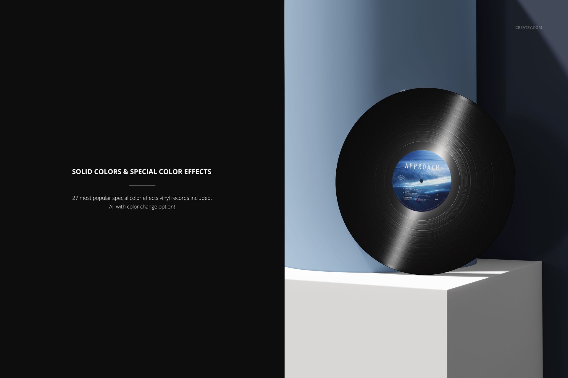 Front view of a vinyl record mockup with a reflective label, positioned on a white block with blue cylindrical props.