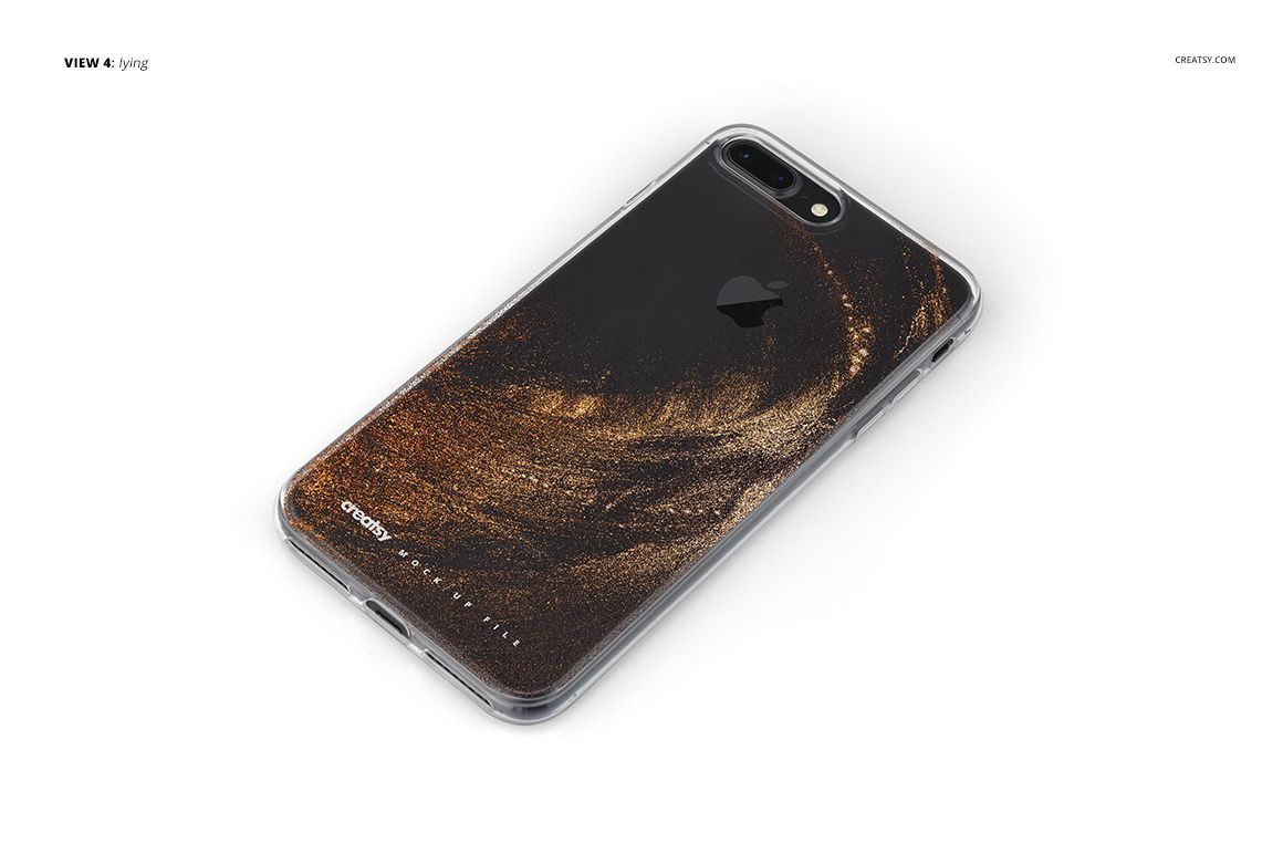 iPhone 7 Plus clear case mockup featuring a black background with gold swirling pattern, displayed at an angle.