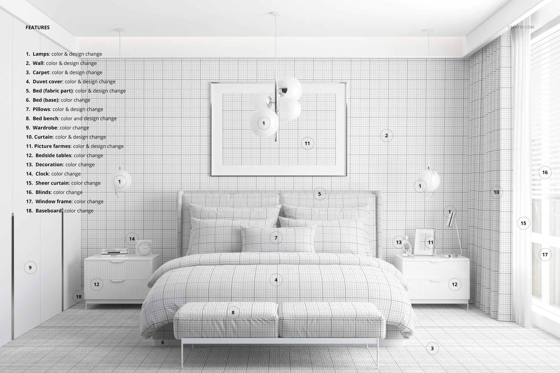 Front view of a bedroom mockup with grid-patterned duvet, pillows, bench, and white nightstands in a bright setting.