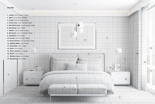 Front view of a bedroom mockup with grid-patterned duvet, pillows, bench, and white nightstands in a bright setting.