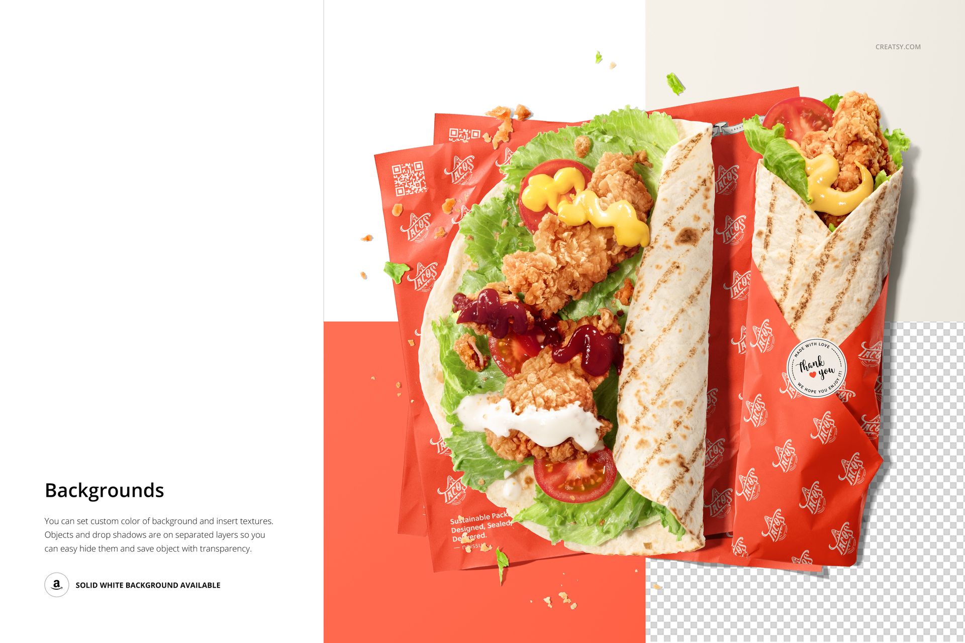 Top view of a tortilla wrap filled with fried chicken, lettuce, and sauces on red food safe paper mockup with patterns.