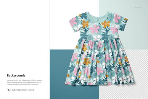 Front view of a toddler skater dress mockup with short sleeves, featuring a pastel floral pattern on a blue background.