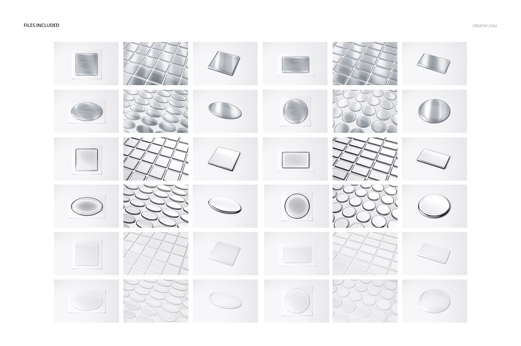 PSD mockup set featuring square, rectangular, and round epoxy dome stickers, viewed from top and angled perspectives.