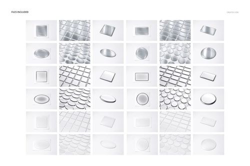 PSD mockup set featuring square, rectangular, and round epoxy dome stickers, viewed from top and angled perspectives.