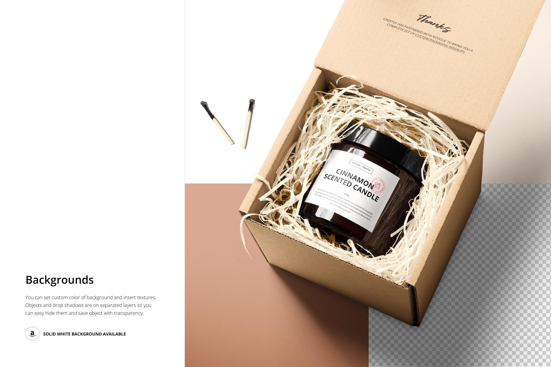PSD mockup of an amber glass candle jar in a cardboard box with straw filling, viewed from above on a split background.
