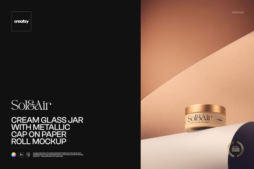 Cosmetic glass jar with gold metallic lid on a rolled paper surface, displayed in a PSD mockup with soft lighting.