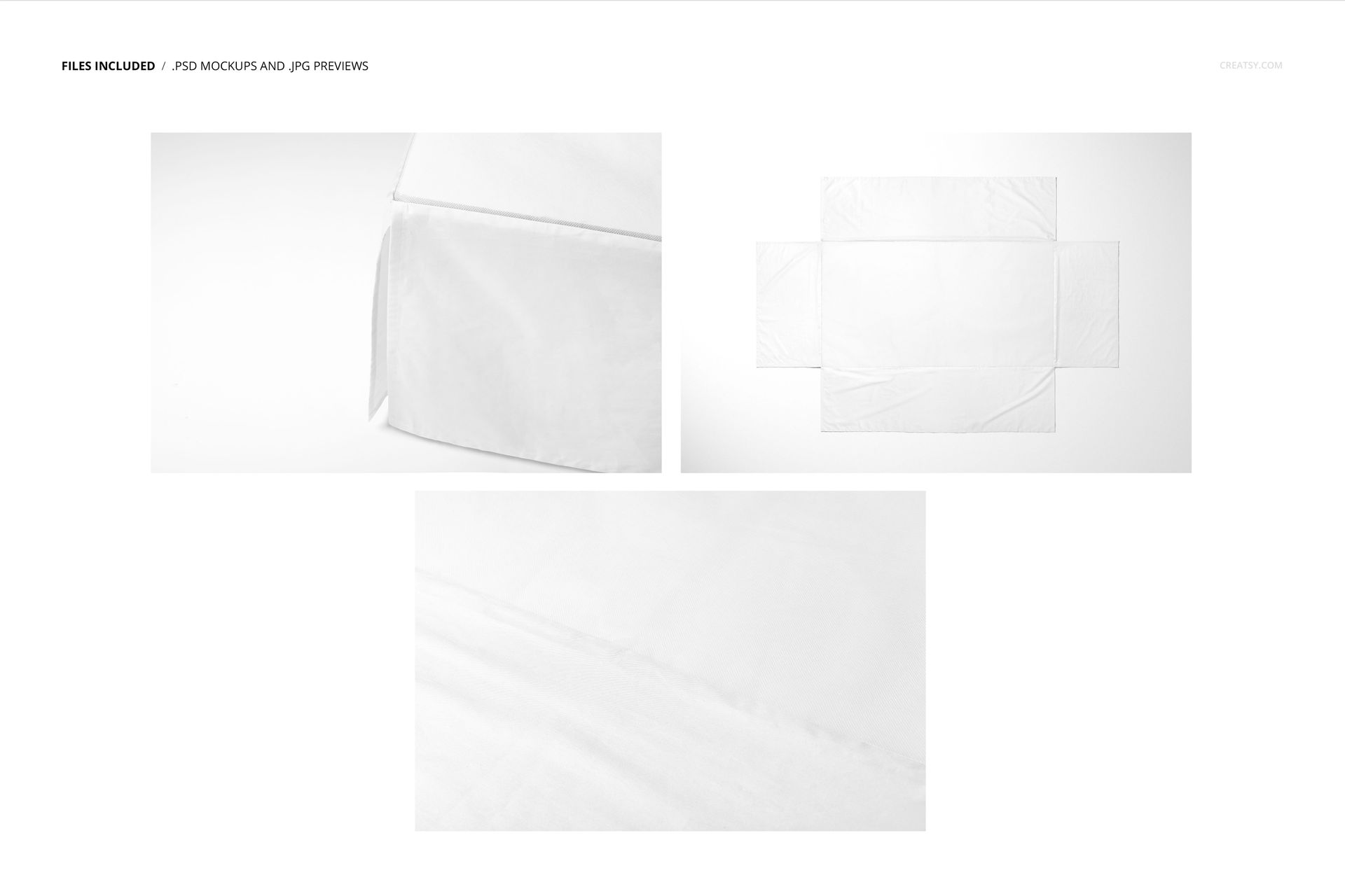 White crib skirt mockup set featuring three views, including close-up, top view, and unfolded fabric layout.