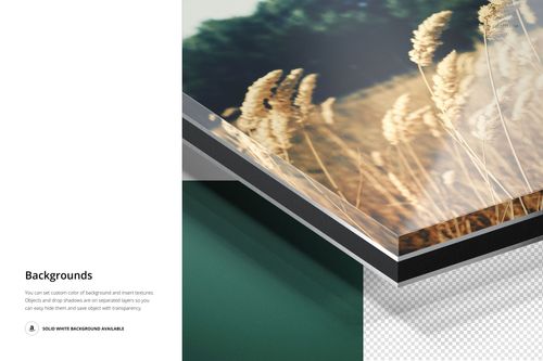Detailed mockup of alu-dibond and acrylic print, showing glossy layered surface and wheat field image.