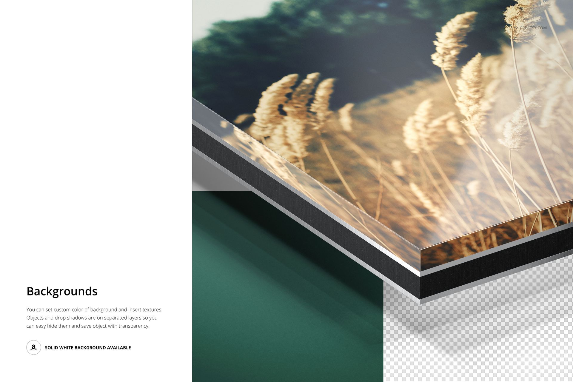 Detailed mockup of alu-dibond and acrylic print, showing glossy layered surface and wheat field image.