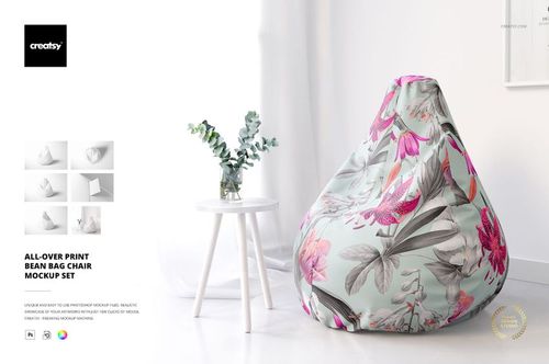 All-over print bean bag chair mockup featuring soft green fabric with pink and purple botanical design, front view in modern interior.