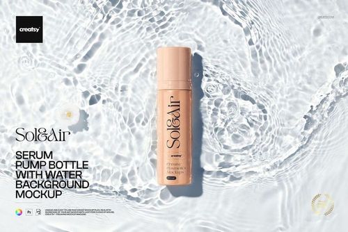 Front view of a beige serum pump bottle standing upright on rippled water with sunlight reflections, cosmetics mockup scene.