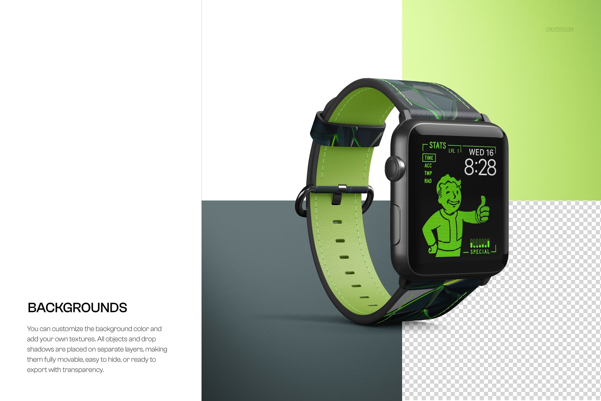 Apple Watch leather band with visible stitching, green interior, and geometric pattern, shown in a PSD mockup.