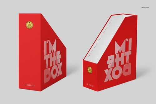 Two red file holder boxes featuring large white lettering, displayed in a realistic PSD mockup setting.