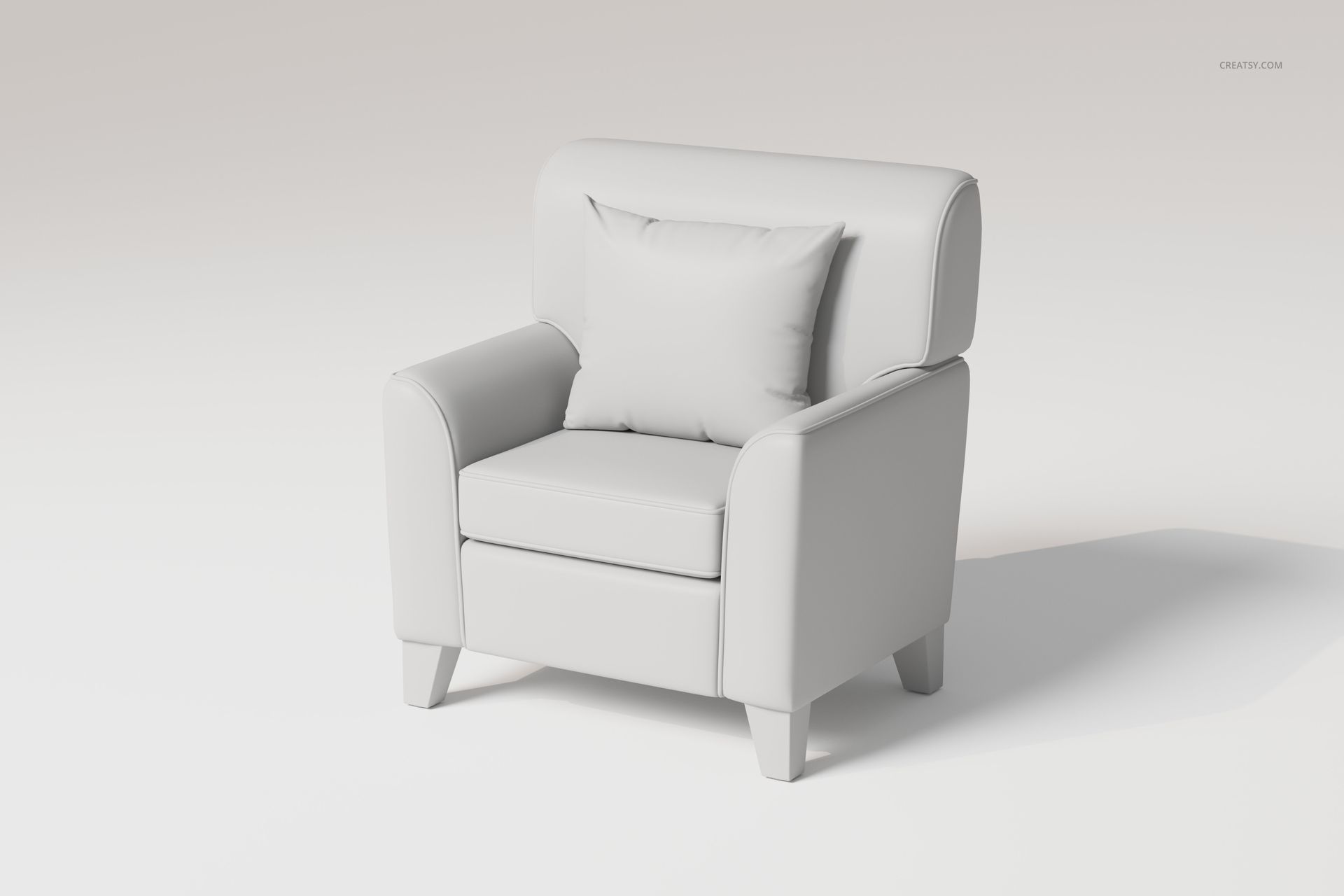 Square arm lounge chair in a light neutral color, front view, featuring a matching cushion on the seat.