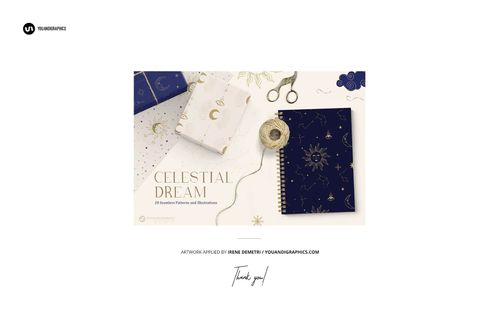 Gift wrapping tissue paper mockup set featuring celestial-themed patterns, notebook, scissors, and twine on a white background.