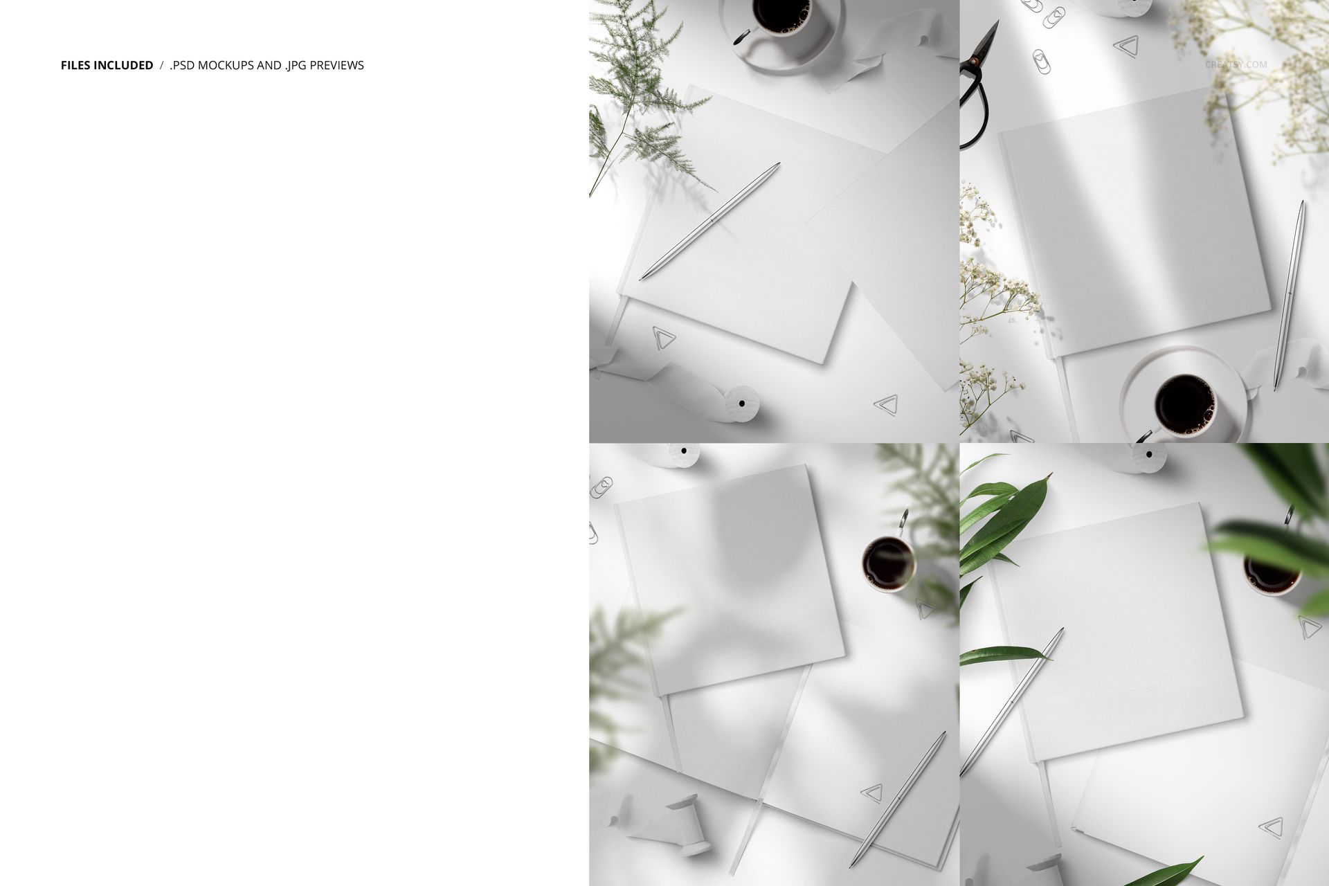 Guest book mockup set featuring four top view scenes with blank books, pencils, coffee cups, and green leaves.