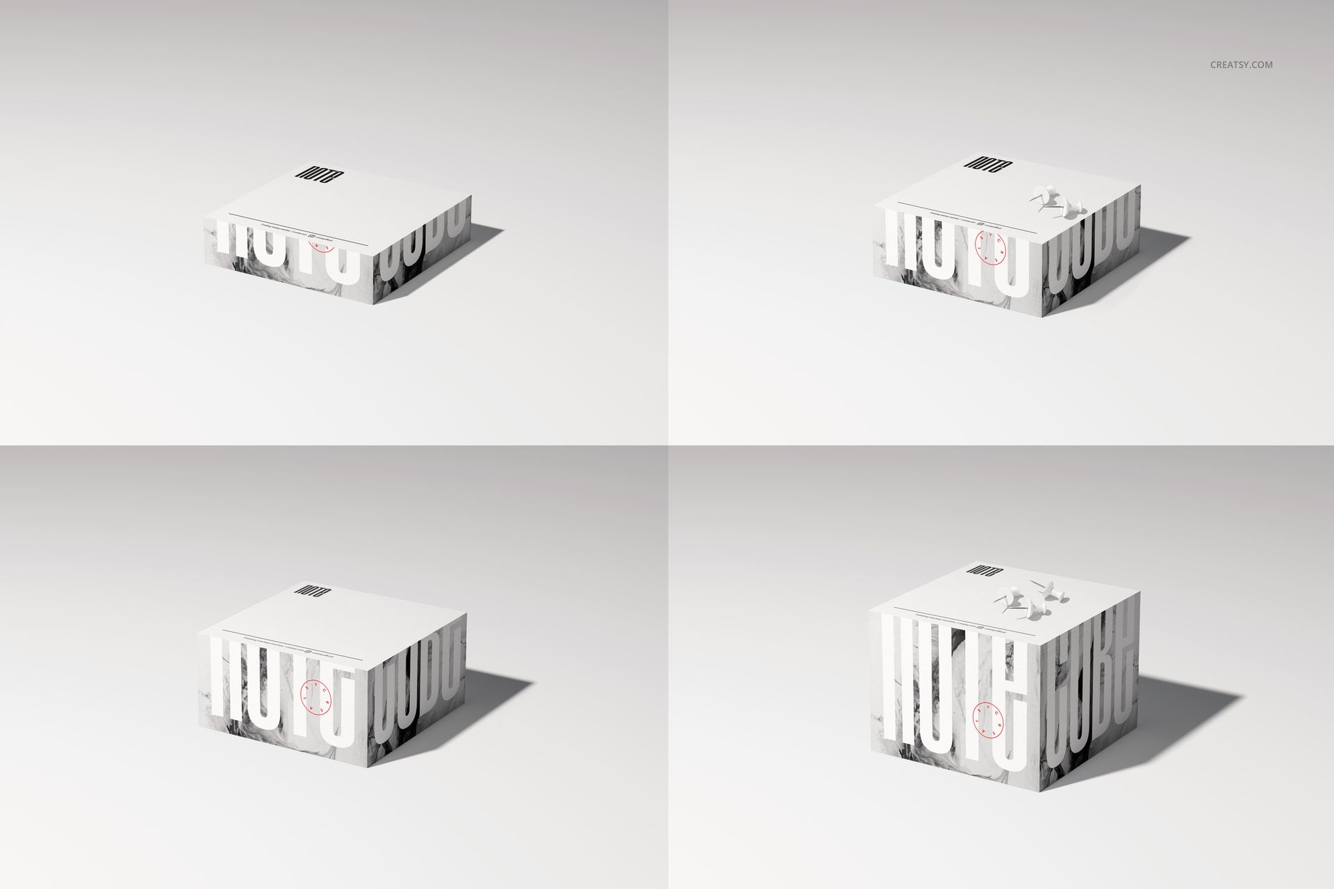 Square note cube mockup set shown from a front angle, featuring white surfaces and minimal graphic accents.