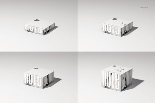 Square note cube mockup set shown from a front angle, featuring white surfaces and minimal graphic accents.