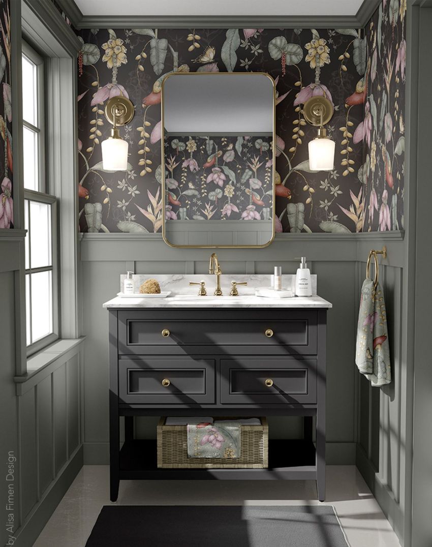 Bathroom mockup featuring a dark vanity with gold hardware, marble countertop, and floral wallpaper in a small, elegant space.