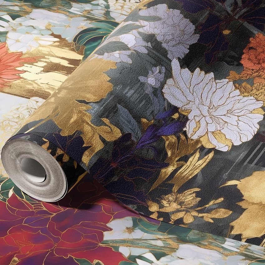 Non-woven vinyl wallpaper mockup featuring a rolled sheet with a detailed floral pattern in gold, purple, and red tones.