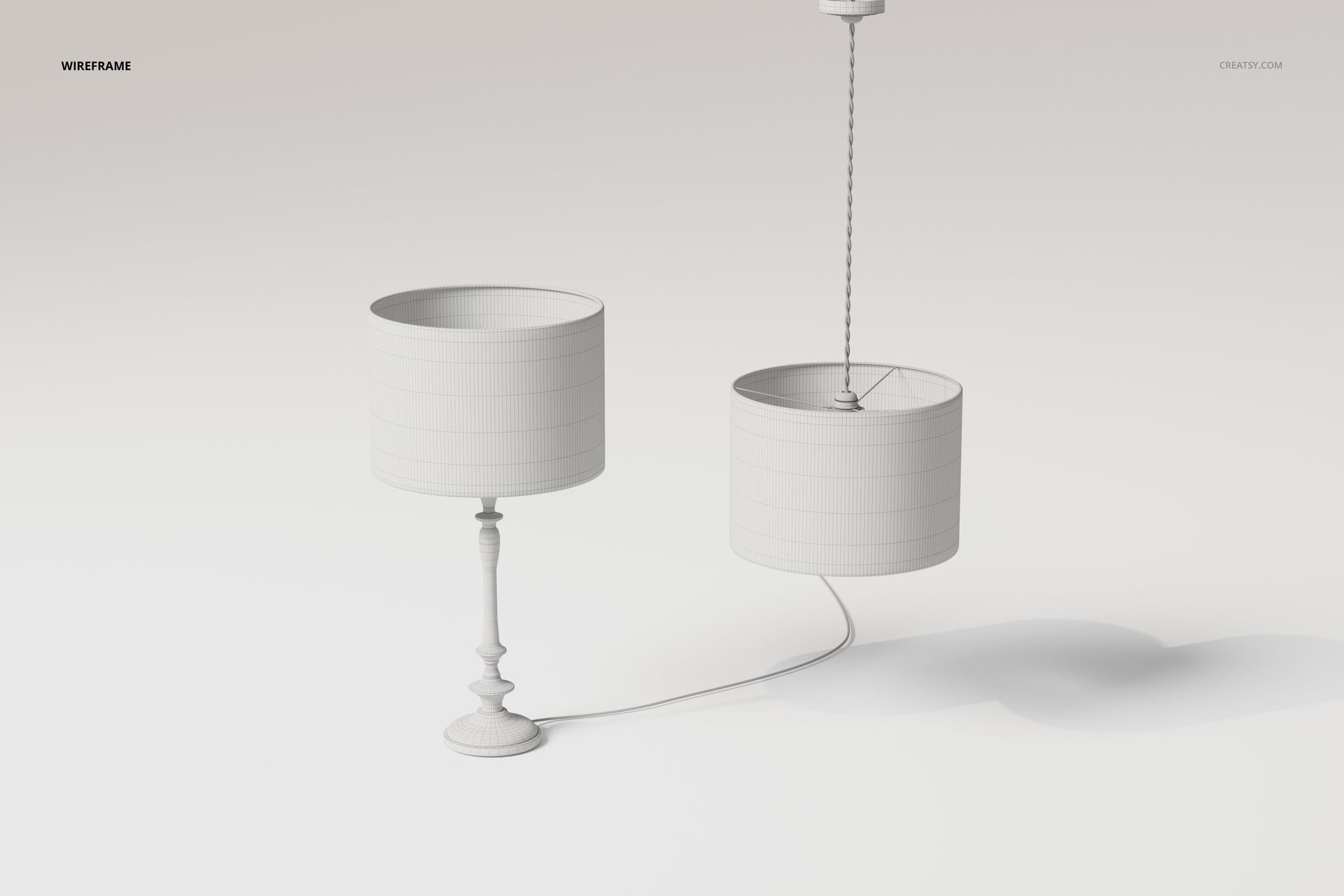 Front view of two cylindrical drum shade lamps in a minimal white scene, one on a base and one suspended by a cord.