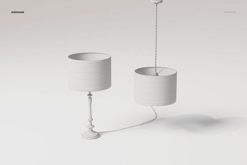 Front view of two cylindrical drum shade lamps in a minimal white scene, one on a base and one suspended by a cord.