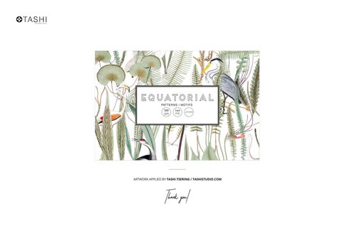 Fabric rolls mockup featuring a botanical pattern with cranes, lotus leaves, and tall grasses on a white background.