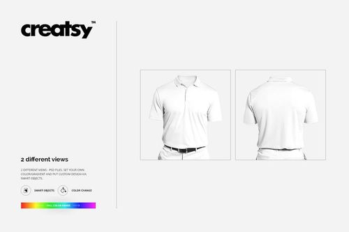 White polyester polo shirt mockup shown in front and back views on a plain light background, short sleeves visible.
